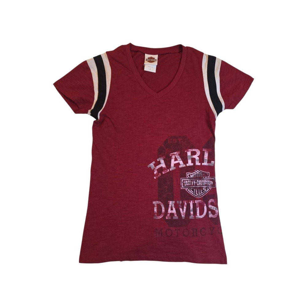 Harley Davidson Womens Small Red V Neck T Shirt Ozark Lebanon MO Racing Stripe